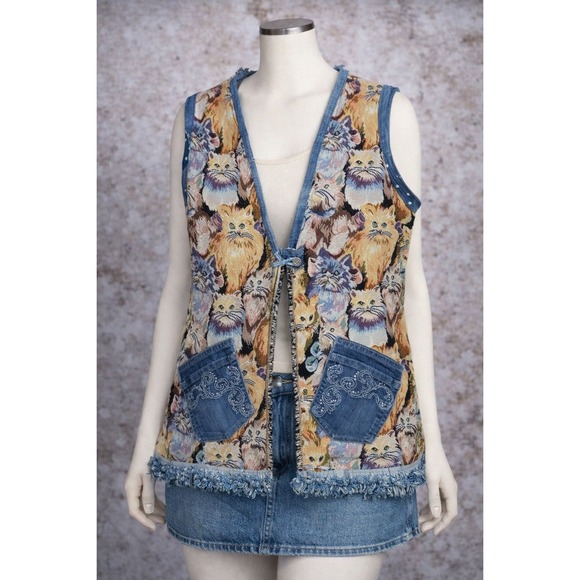Jackets & Blazers - Handmade Cat Tapestry Vest Denim Trim Pockets Cottagecore Boho Upcycled